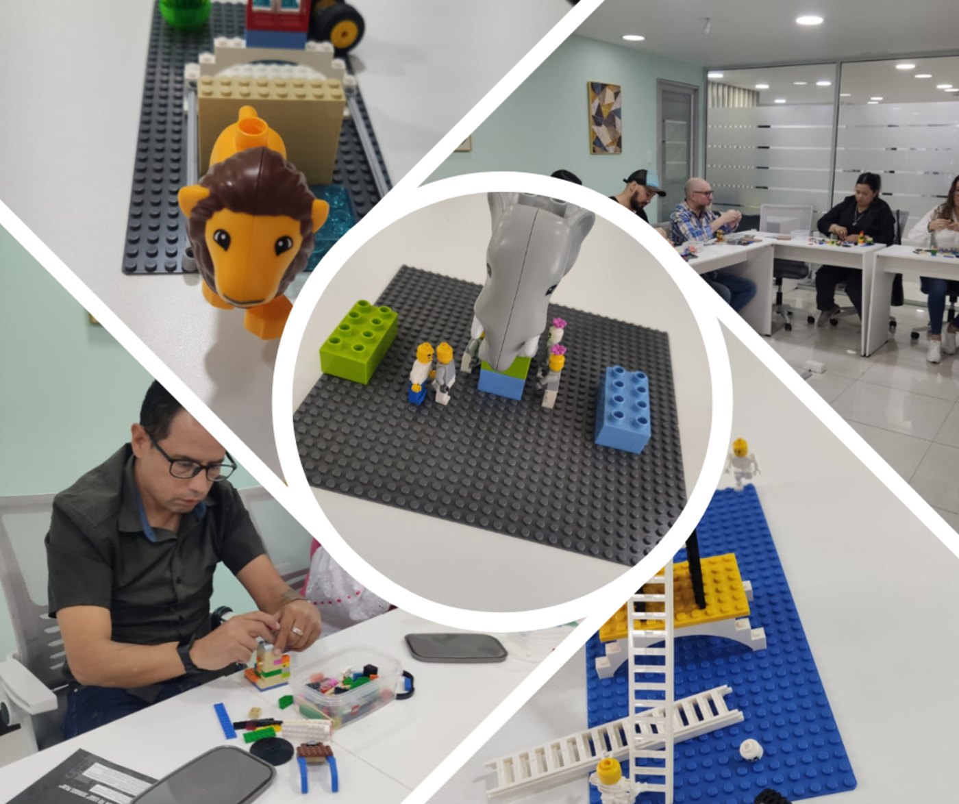 Collage del taller LEGO® Serious Play®: modelos construidos con bloques y participantes trabajando, ilustrando el próximo proyecto en El Hormiguero