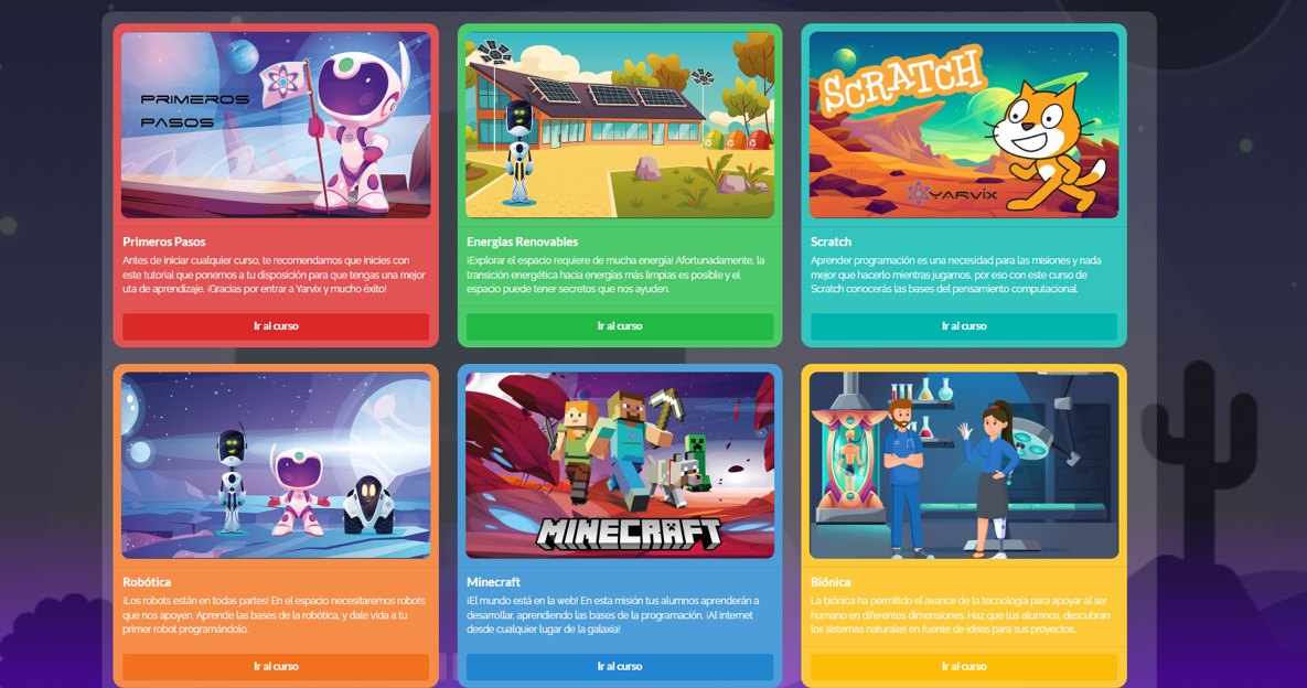Plataforma de recursos educativos Yarvix con cursos de Primeros Pasos, Scratch, robótica, Minecraft y más
